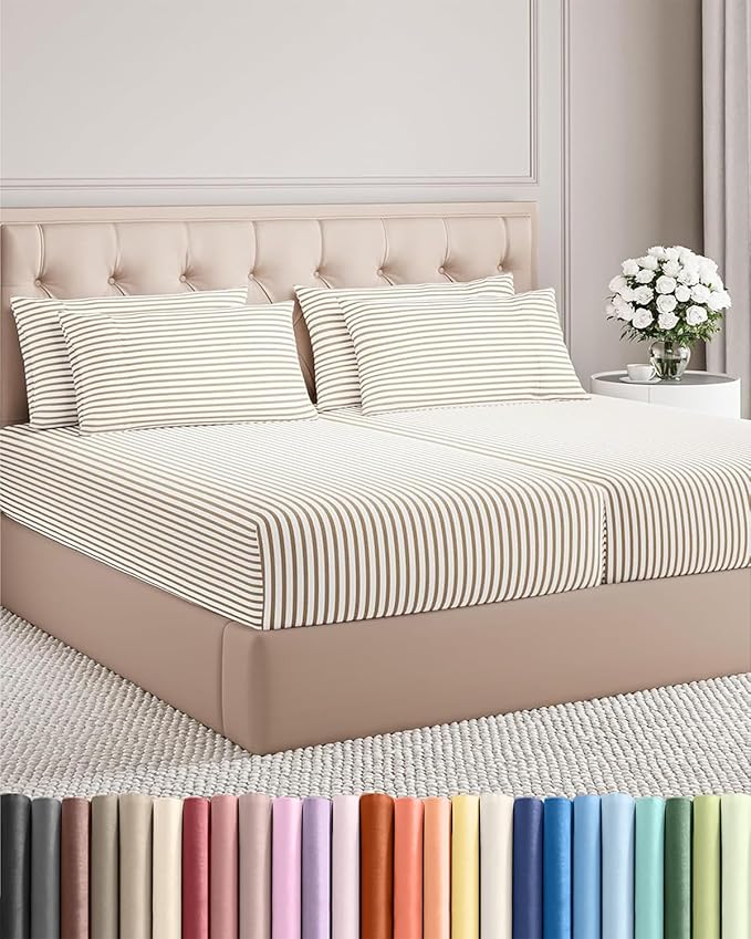 Split King 7 Piece Sheet Set - Cooling & Breathable - Hotel Luxury Bedding, Includes Fitted Sheets for Women, Men, Kids & Teens - 1 Flat, 2 Fitted Sheets, 4 Pillowcases w/Deep Pockets - Beige Stripes
