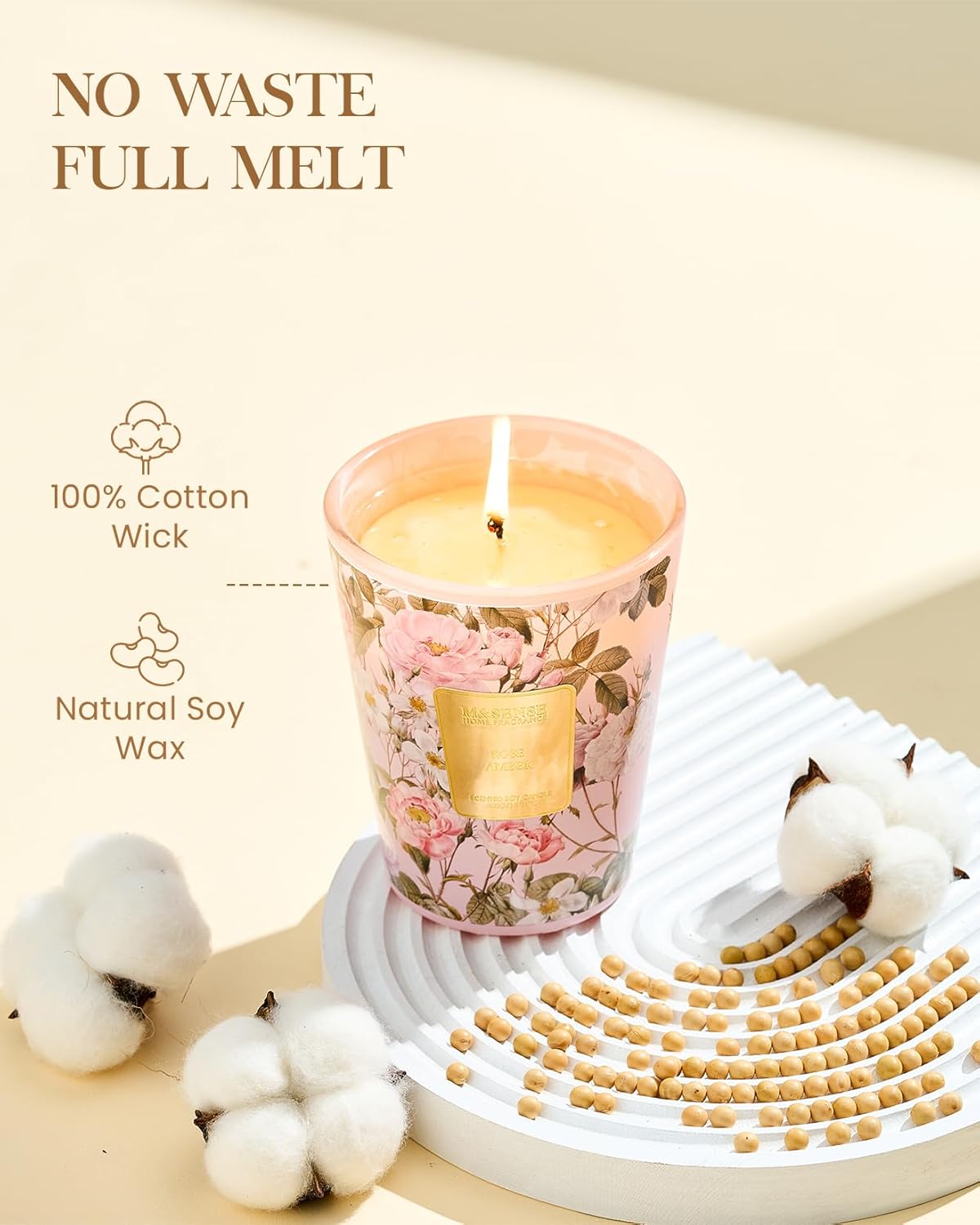 M&SENSE Rose Amber Scented Natural Soy Wax Candle, 14.1oz 60 Hours Long Lasting Slow Burning Candles for Home Decor, Aromatherapy Candle for Stress Relief