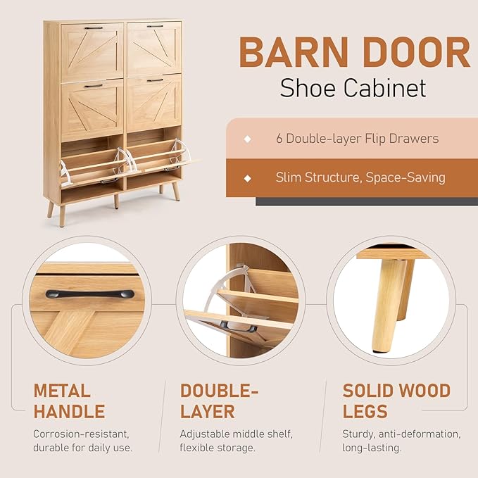 VINGLI 6 Flip Drawer Shoe Cabinet for Entryway, Rustic Shoe Storage Cabinet with 5 Solid Wood Legs, Farmhouse Barn Door Design Shoe Organizer for Hallway, Bedroom, or Living Room, Natural Wood Finish