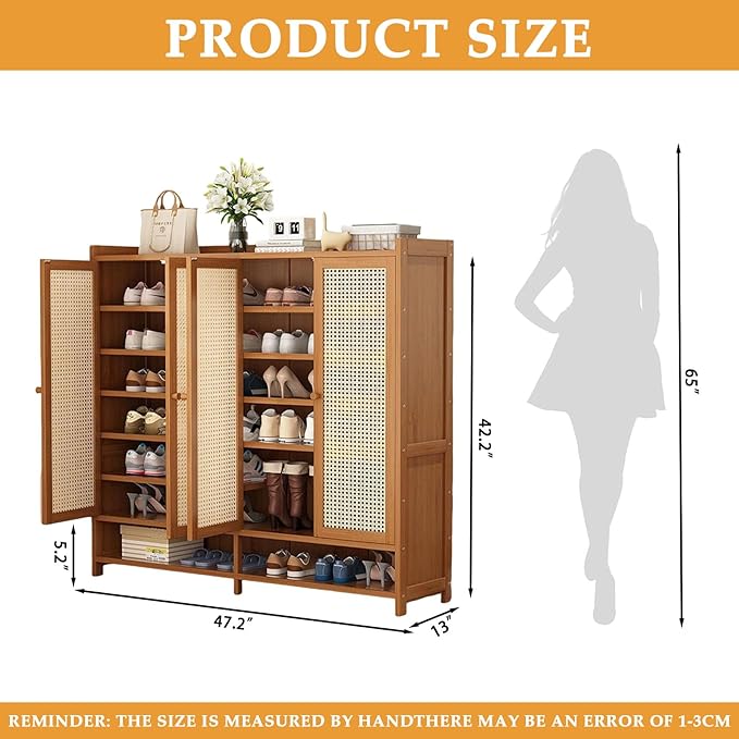 Bamboo Shoe Cabinet, 36-40 Pairs 8 Tier Shoe Rack with Doors, Freestangding Shoe Cabinet Organizer with Shelves, 43" Tall Shoe Rack Organizer for Entryway, Closet, Hallway