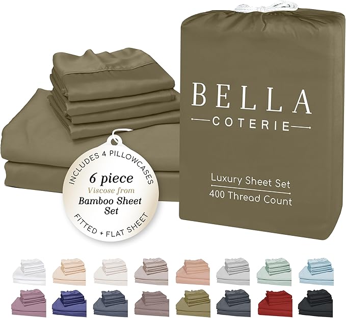 Bella Coterie 6 Piece Luxury Bamboo Viscose Split Top King Size Sheet Set | 34" Split for Adjustable Beds | 100% Organically Grown| Cooling | 18” Deep Pocket | 4 Pillowcases [Olive]