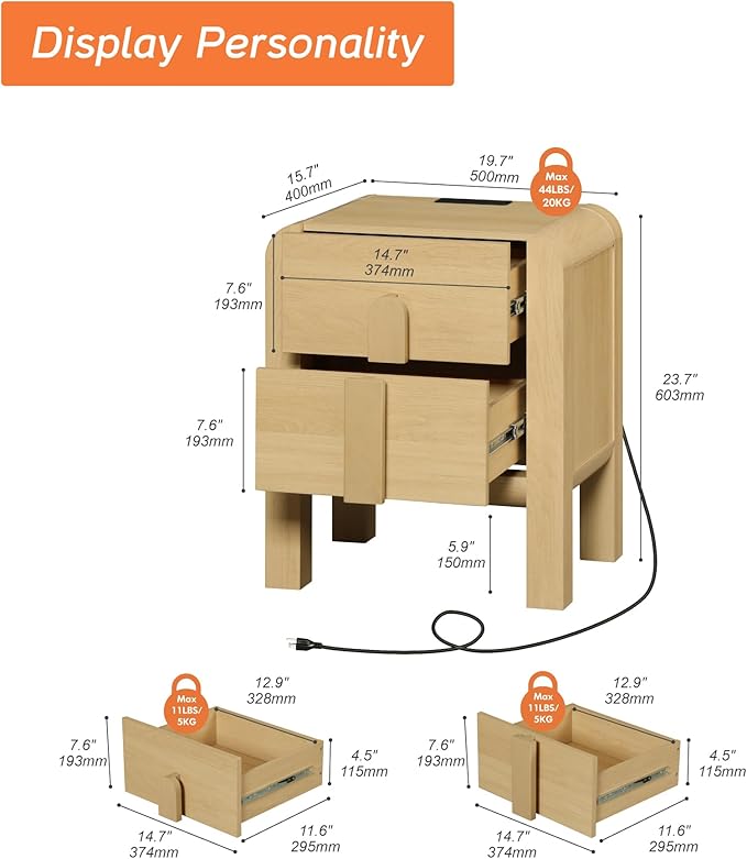 WAMPAT 23.7" Tall Modern Nightstand with Charging Station,Wood Bedside Table w/2 Storage Drawers,Curved Profile Design,Sofa Side Table End Table for Bedroom, Living Room, Oak