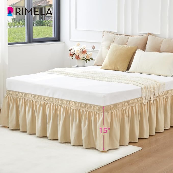 RIMELA Oatmeal Bed Skirt King Size 15 Inch Drop, Elastic Bed Skirting for Bed Base and Frame, Bedding Dust Ruffle Easy to Install, Lightweight Wrap Around Adjustable Bedskirt