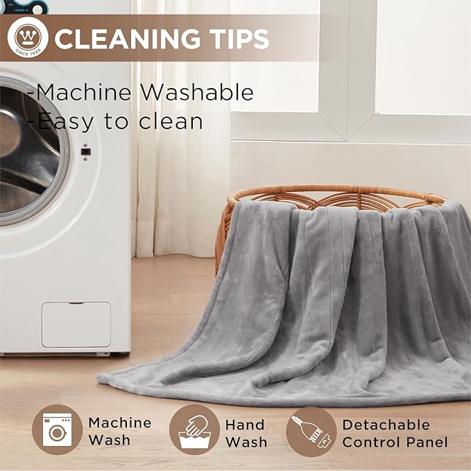 Westinghouse King Size Electric Heating Blanket, 10 Levels, Auto Shut Off, Fast Heating, Machine Washable (King, 100x90 Inches, Light Grey)