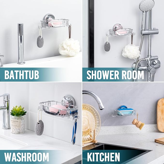 TAILI Bar Soap Holder Suction Cup with Hooks and Silicone Soap Saver Pad for Bath Shower Wall, Shampoo Caddy for Bathroom, Tub, Kitchen, Rustproof Stainless Steel Sponge Holder, Silver