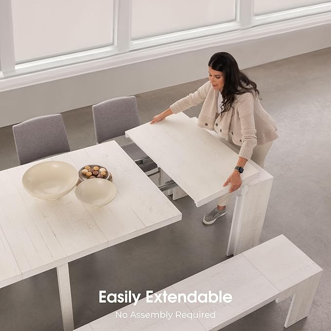 Transformer Table - Solid Wood Extendable Dining Table, Seats 2-12, Extendable Dining Room Table, Space-Saving Furniture, Expandable Dining Furniture (White, Table + Bench)