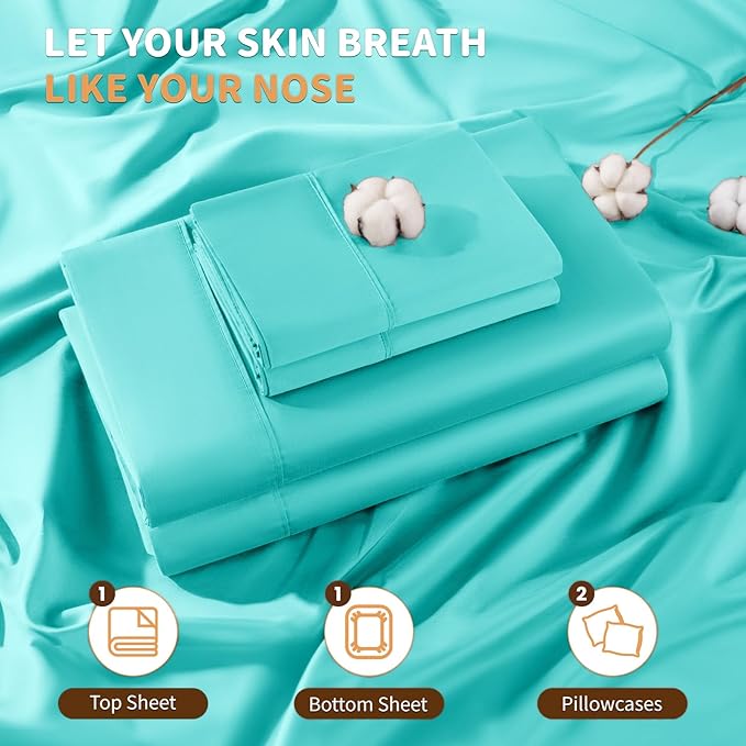LBRO2M 100% Cotton Sheets Set Deep Pocket 19", 1000 Thread Count California King Size 4 Piece Bed Sheet Sets Soft Comfortable Bedding All Season (California King, Lake Green)