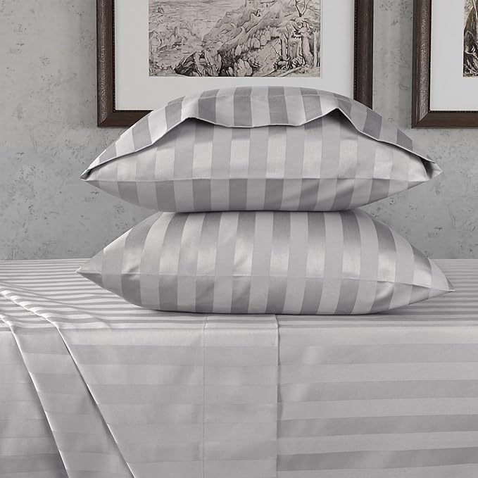 URBANHUT 800 Thread Count 100% Cotton Damask Twin Size Sheets, 4 Piece Striped Twin Size Bedsheets, Luxury Hotel Sheets Sateen Weave - Better Than Egyptian, 14" Elasticized Deep Pocket- Silver Grey