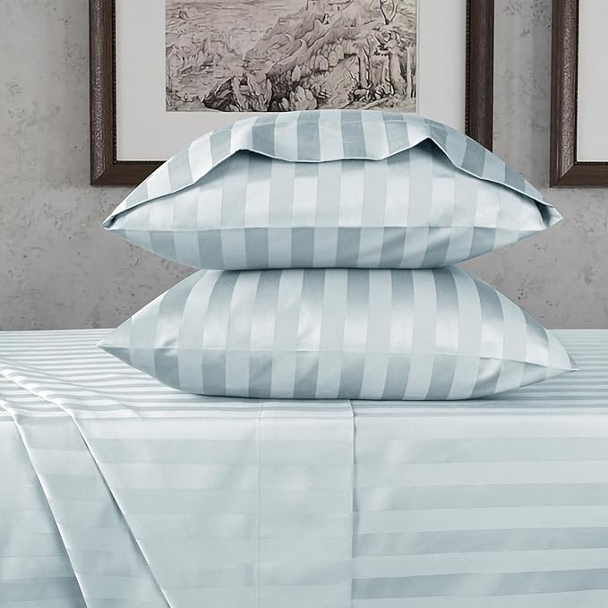 URBANHUT 800 Thread Count 100% Cotton Damask Twin Size Sheets, 4 Piece Striped Twin Size Bedsheets, Luxury Hotel Sheets Sateen Weave - Better Than Egyptian, 14" Elasticized Deep Pocket- Light Blue
