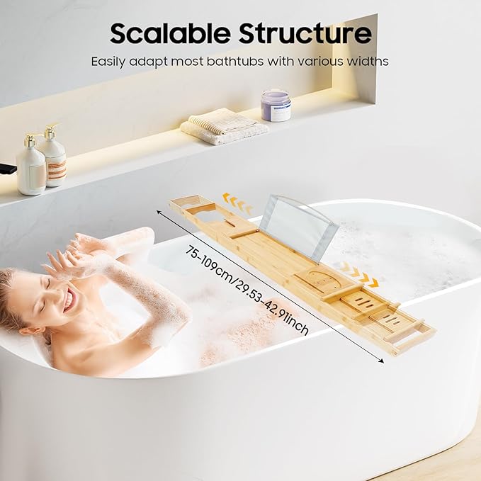 Bathtub Tray, Expandable Bamboo Bath Tray Wood Bath Caddy with Wine Glass Holder, Book & Tablet Stand for Bathroom Accessories Spa Relaxation Housewarming & Wedding Gift