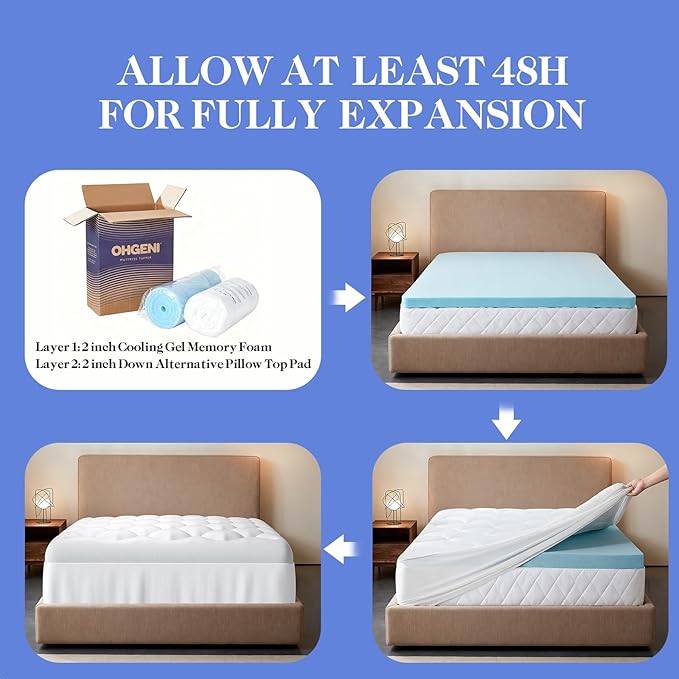 OhGeni Cooling 4 inch Dual Layer Twin Mattress Topper, 2 inch Cooling Gel Memory Foam, 2 inch Down Alternative Pillow Top Pad, Mattresses Cover for Bed, Medium Support, Fits 6”-19” Deep Pocket