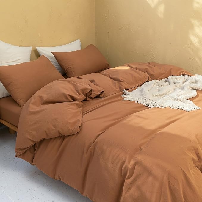 FOSSA Duvet Cover Set 100% Washed Cotton Linen Feel Super Soft Breathable Cozy Simple Style 3 Pieces Bedding Sets Solid Dark Orange Twin/Twin XL