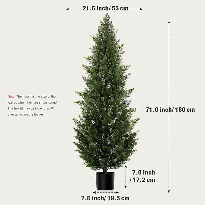Outdoor Artificial Cedar Topiary Tree, Faux Evergreen Shrubs for Front Porch Decor, Lifelike Fake Bushes Plants for Home Living Room Front Door Decor (2, 6ft)