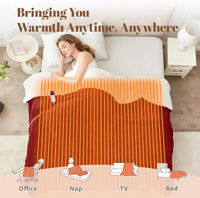 Electric Heated Throw Blanket - 50"x60" Fast Heating Bed Blankets with 6 Heating Levels & 4 Hours Auto Off, Soft Ribbed Flannel Sherpa, Over-Heated Protection ETL, Red