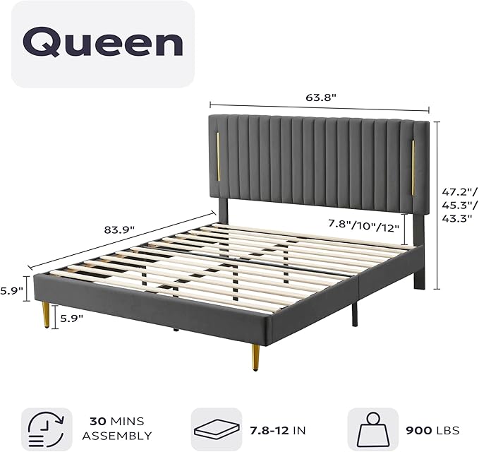Queen Platform Bed Frame, Velvet Upholstered Bedframe with Vertical Channel Adjustable Headboard, Golden Plating Trim, Mattress Foundation with Wooden Slats, No Box Spring Needed, Grey