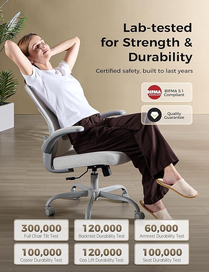 Office Chair, Mesh Ergonomic Desk Chairs, Comfy Computer Gaming Chair with Adjustable Height & Flip-up Armrest, Lumbar Support & Swivel Function for Home Office (Gray)