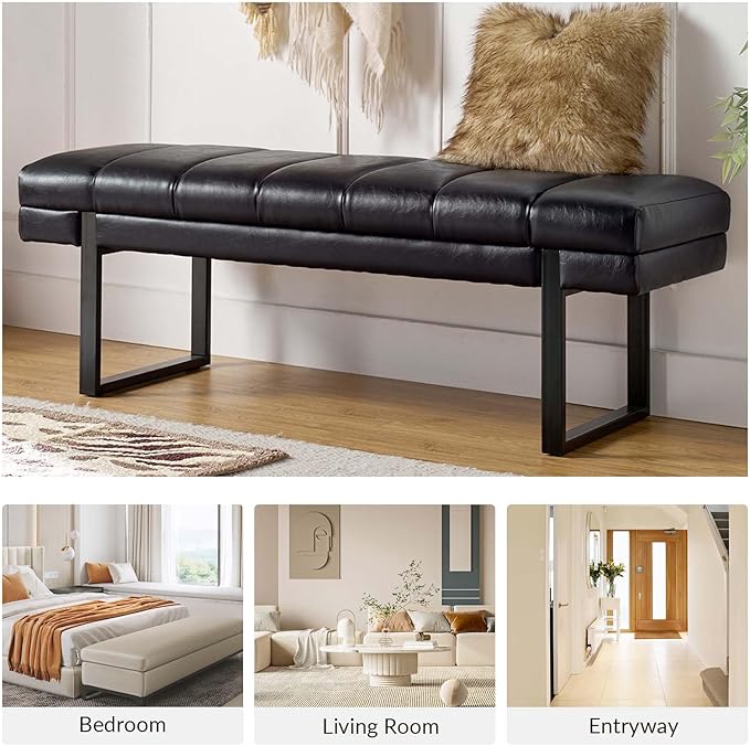 HULALA HOME 53" Faux Leather Entryway Bench, Button Tufted End of Bed Bench Ottoman for Bedroom, Living Room with Metal Base,Black