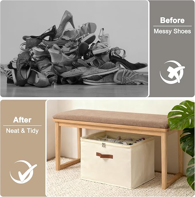 Shoe Organizer for Closet, Foldable Shoe Storage Box with Clear Top Lid, 3 Leather Handles, Adjustable Dividers, Fits 8-16 Pairs, Stackable Shoe Bin for Bedroom (Beige, 2 PCS/16.9*11.8*1.57 inch)