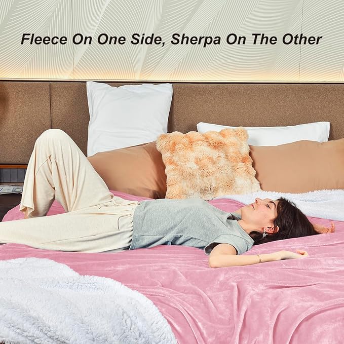 KAWAHOME Sherpa Fleece Queen Size Blanket for Bed - Extra Warm and Heavy Thick Blankets for Winter, Super Soft 500GSM Plush Blanket, 90"X 90" Pink