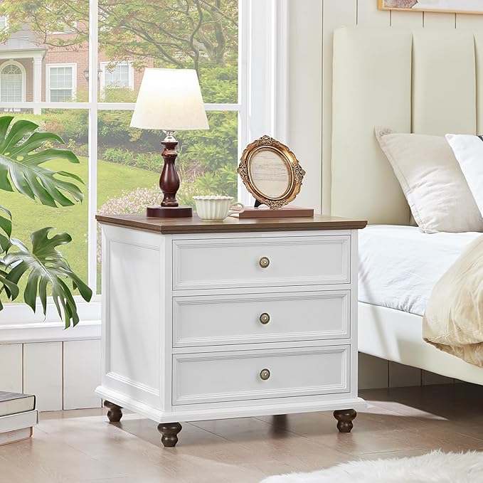 24" Wide Farmhouse Night Stand,Large End Table with 3 Drawers & Metal Handle,White Wood Dresser for Bedroom Cabinet, Bed Side Tabl·e Chest of Drawers,Nightstand for Living Room