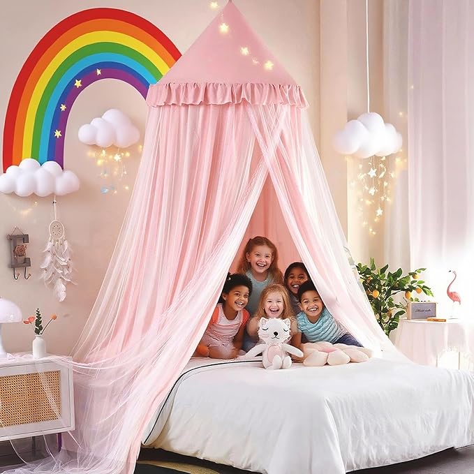 Kertnic 31.5inch Large Dome Bed Canopy for Girls, Double Layer Dreamy Ruffle Princess Canopy, Bedroom Hanging Tent Kids Reading Nook Canopies,Full Queen Bed Canopy Curtain (Beige Pink)