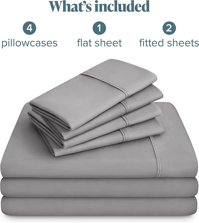Bare Home Hotel Luxury Split King Sheet Set, Extra Soft, 7 Piece Set, Deep Pockets, Easy Fit, Cooling & Breathable, Wrinkle, Fade, Stain Resistant, Set Includes 4 Pillowcases (Split King, Light Grey)