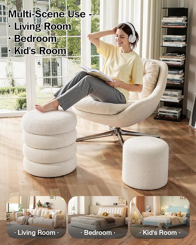 Round Set of 2 Sherpa Storage Ottoman Stool Boucle Vanity Stool Footstool with Removeable lid Load up to 440 lbs for Livingroom Bedroom White UASND68W