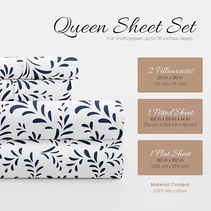 Linen Market Double-Brushed Patterned Microfiber Queen Sheet Set 4 Piece – Oeko-TEX Certified Ultra Soft & Wrinkle-Free - 16" Deep Pocket Sheets - Easy Care Queen Size - Burst of Vines Navy