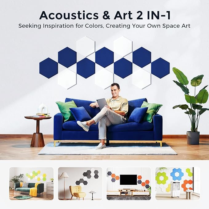 Self-Adhesive Acoustic Panels [390 lbs/yd³ Ultra-High Density], 2nd Generation Sound Absorbing Panel, Professional Level Sound Panel, Polyester Soundproof Foam [Size M, White & Dark Blue]