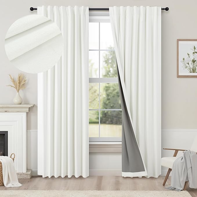 Black Out Curtains 72 Inch Long 2 Panel Burg Lightweight Faux Linen Cute Blackout Bay Window Curtain Modern Neutral Drapes for Bedroom Cabin Room Darkening Curtains 6FT Length Back Tab Ivory Off White