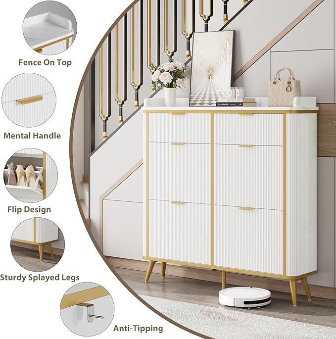 Fluted Shoe Cabinet Storage, Modern Slim Shoe Organizer Cabinet with 4 Flip Drawers & 2 Drawers, Wooden Freestanding Shoe Rack Cabinets for Entryway, Foyer, Hallway, White