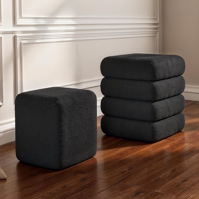 Sqare Set of 2 Sherpa Storage Ottoman Stool Boucle Vanity Stool Footstool with Removeable lid Load up to 440 lbs for Livingroom Bedroom Black UASND69B