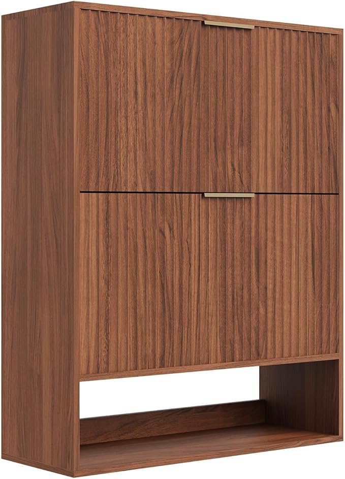 Garvee Fluted Shoe Storage Cabinet, Slim Hidden Shoe Rack Cabinet with 2 Flip Drawers & Bottom Open Shelf, Freestanding Entryway Organizer, Perfect for Closet, Hallway, Foyer, Walnut