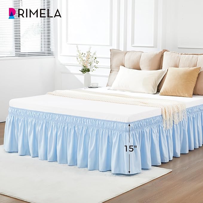 RIMELA Light Blue Bed Skirt King Size 18 Inch Drop, Elastic Bed Skirting for Bed Base and Frame, Bedding Dust Ruffle Easy to Install, Lightweight Wrap Around Adjustable Bedskirt