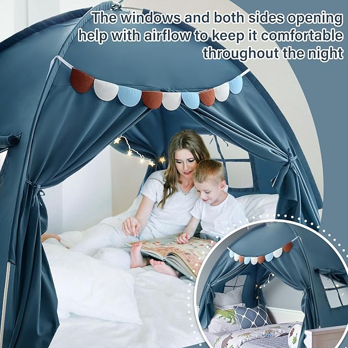 Razee Twin Bed Tent for Kids, Twin Size Toddler Canopy Indoor Playhouse Canopy Privacy Tent on Bunk Bed Sleep Inside Drafty Room Kid Toys for Boy Girl Birthday Gift, Blue Jean Color
