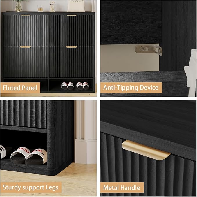 Fluted Shoe Cabinet Storage with 4 Flip Drawers, Narrow Shoe Storage Organizer for Entryway, Hidden Slim Wooden Shoe Rack Cabinet for Front Door Entrance, Hallway, Living Room (4-Drawer, Black)