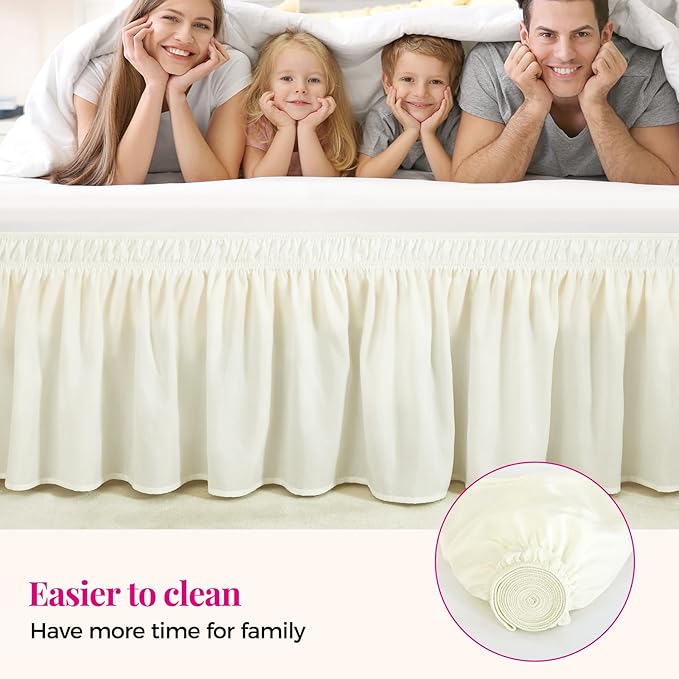 RIMELA Bed Skirt King Size Ivory White18 Inch Drop, Wrap Around Elastic Bedskirt, Dust Ruffle for Adjustable Bed Base Soft Durable Fabric Machine Washable Easy to Install Bed Skirts