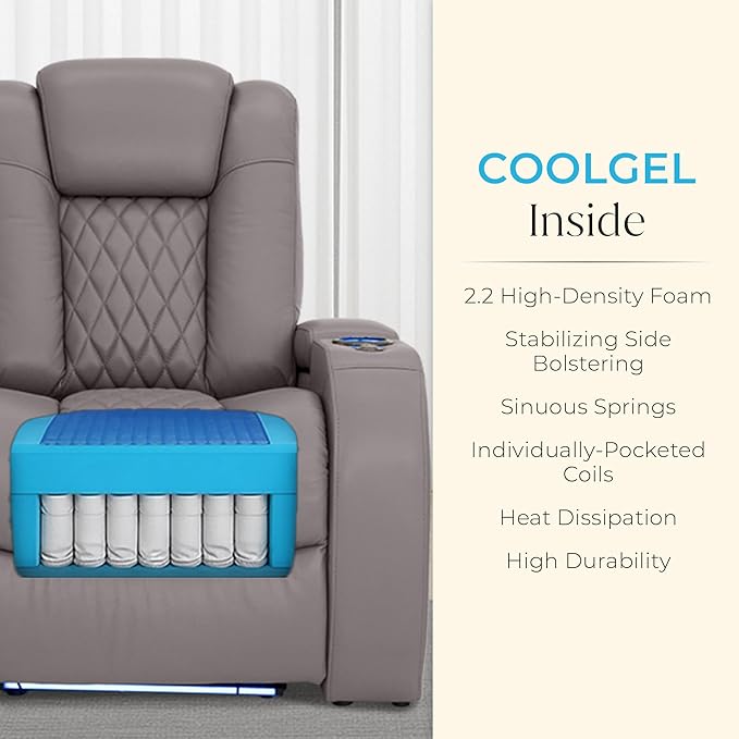 Seatcraft Diamante Zero-Gravity CoolZero Italian Leather Home Theater Seating, Power Headrest, Power Recline, Row of 3 Right Loveseat, Gray