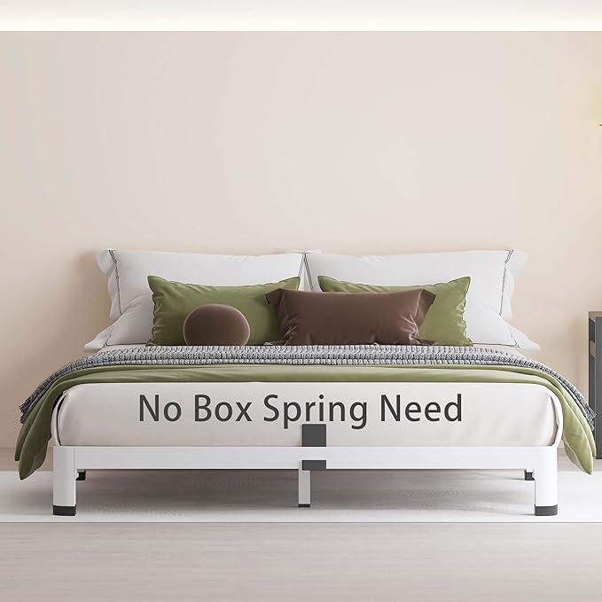 MAF 4 Inch Full Size Metal Platform Bed Frame White with Round Corner Legs, Mattress Slide Stopper, 3000 LBS Heavy Duty Steel Slats Support, Noise Free, No Box Spring Needed, Easy Assembly