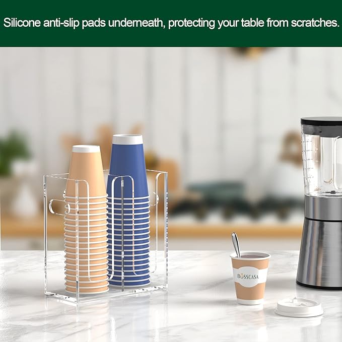 Disposable Coffee Cup Dispenser with Handles, Countertop or Wall Mount Hot/Cold Drink Cup and Lid Holder - Bathroom/Kitchen/Office Acrylic Cup Lid Storage Organizer (2 Compartments, Clear)