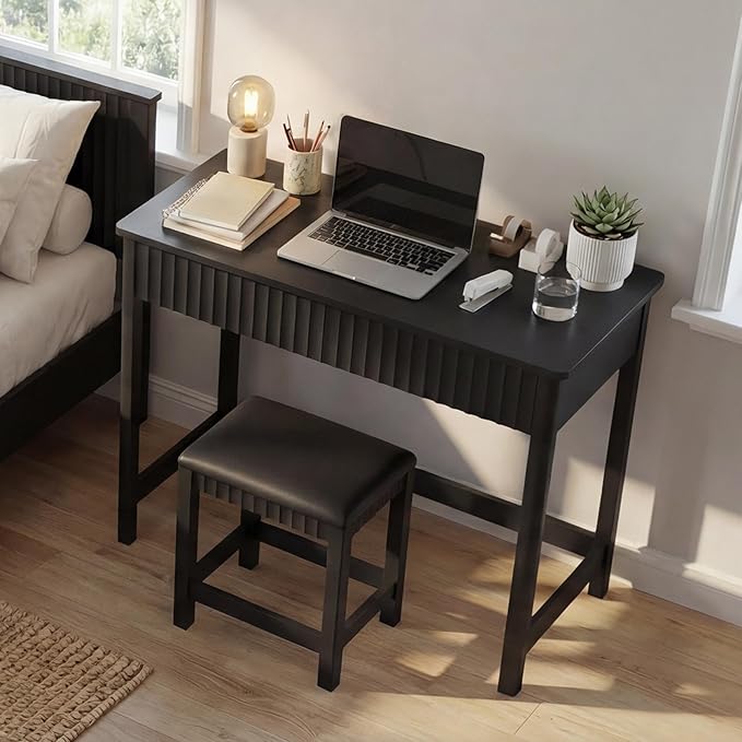 ChooChoo 40 Inch Modern Desk with Drawers, Makeup Vanity Desk with Padded Stool, Small Home Office Desk for Bedroom, Black