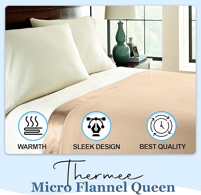 Thermee Micro Flannel Full/Queen Size Blankets, Lightweight All Seasons Cozy Blanket, Throw Blankets for Home and Living Room, Comfy & Soft Blanket for Couch, Machine Wash, No Pilling - Tan