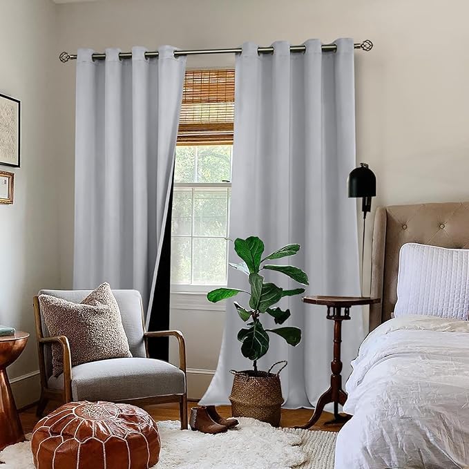 BGment 100% Blackout Curtains 108 Inch Long 2 Panles Set, Thermal Insulated Total Light Locking Soundproof Grommet Curtains & Drapes for Living Room with Black Liner, 52 Inch Wide Each, Light Grey