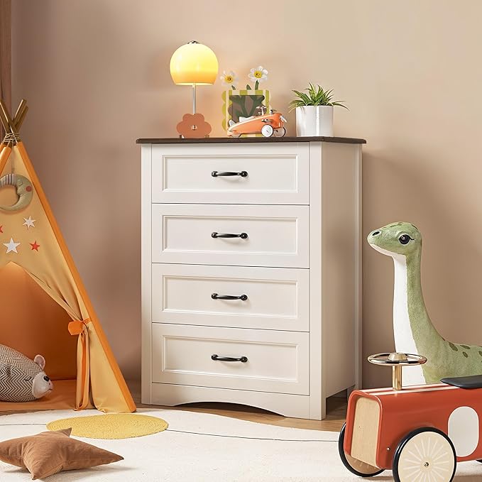 Gizoon Dresser for Bedroom with 4 Drawers Wooden Chest of Drawers for Closet Dresser Storage Unit Organizer for Hallway Living Room and Office, White and Rustic