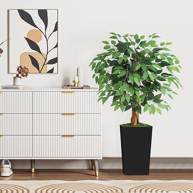 4ft Ficus Artificial Tree with 3 Natural Curved Trunks, 48" Tall Lush Faux Tree for Home Decor Indoor, Green Lifelike Fake Ficus Tree with Black Planter Pot