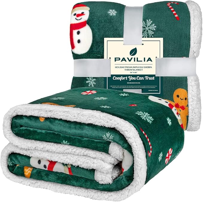 PAVILIA Green Christmas Sherpa Throw Blanket, Gingerbread Snowman Holiday Pattern, Soft Reversible Fleece & Sherpa 50x60 Winter Blanket for Couch & Bed, Cozy Christmas Decor
