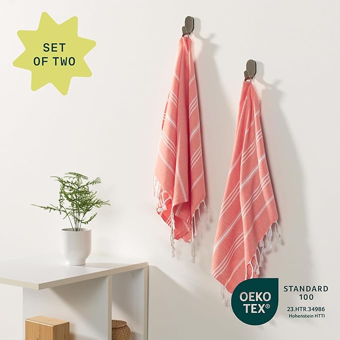 WETCAT Turkish Hand Towels with Hanging Loop, Set of 2 (20" x 30") 100% Turkish Cotton, Pre-Washed, Quick Drying, for Kitchen or Bathroom - Dark Coral