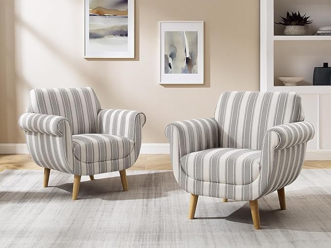 VANOMi Mid-Century Accent Chair with Stripe Pattern, Modern Linen Fabric Armchair with Wood Legs, Club Chair for Living Room, Comfy Upholstered Side Chairs for Bedroom, Reading, Small Place (Grey)