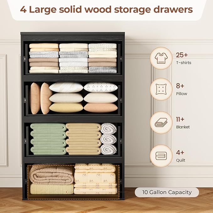 48.3'' Tall Dresser for Bedroom, 4 Chest of Wooden Deep Drawers, Vintage Dresser, Closet Storage Dressers Organizer for Bedroom, Living Room, Hallway (Black+Brown)
