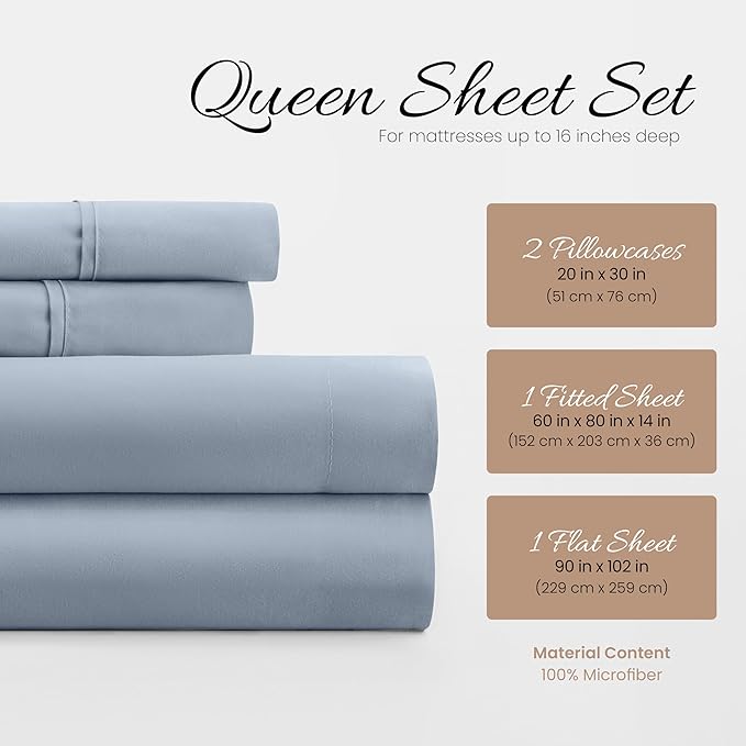 Linen Market Double-Brushed Microfiber Queen Sheet Set 4 Piece – Oeko-TEX Certified Ultra Soft & Wrinkle-Free - 16" Deep Pocket Sheets - Easy Care Queen Size - Light Blue